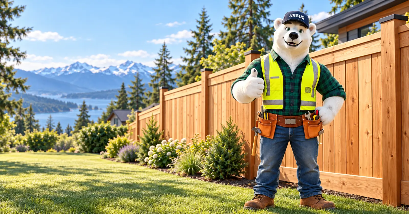 Ursus polar bear mascot giving a thumbs up next to a new cedar privacy fence