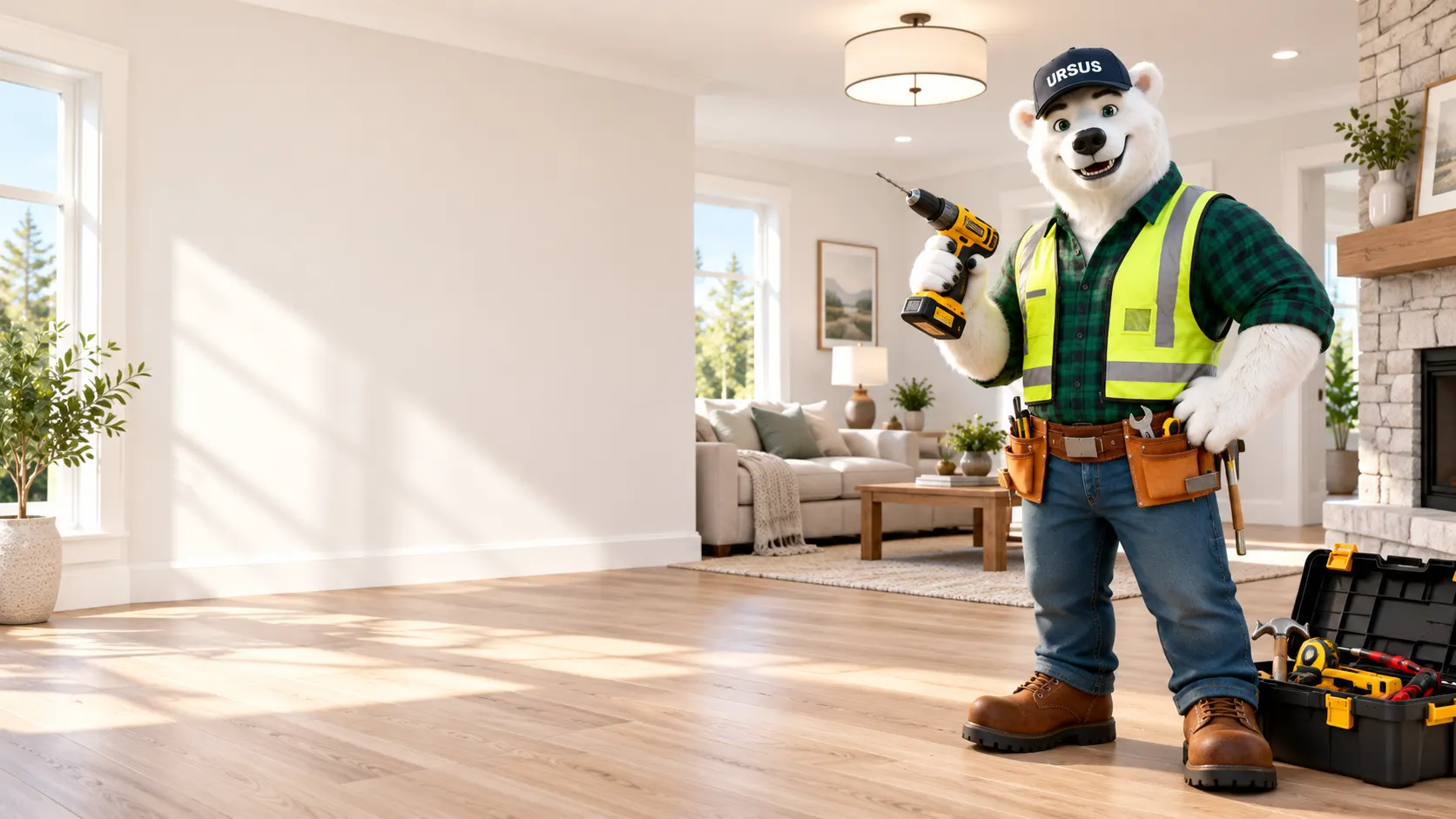 Ursus polar bear mascot with a drill and toolbox in a living room with a new vinyl plank floor