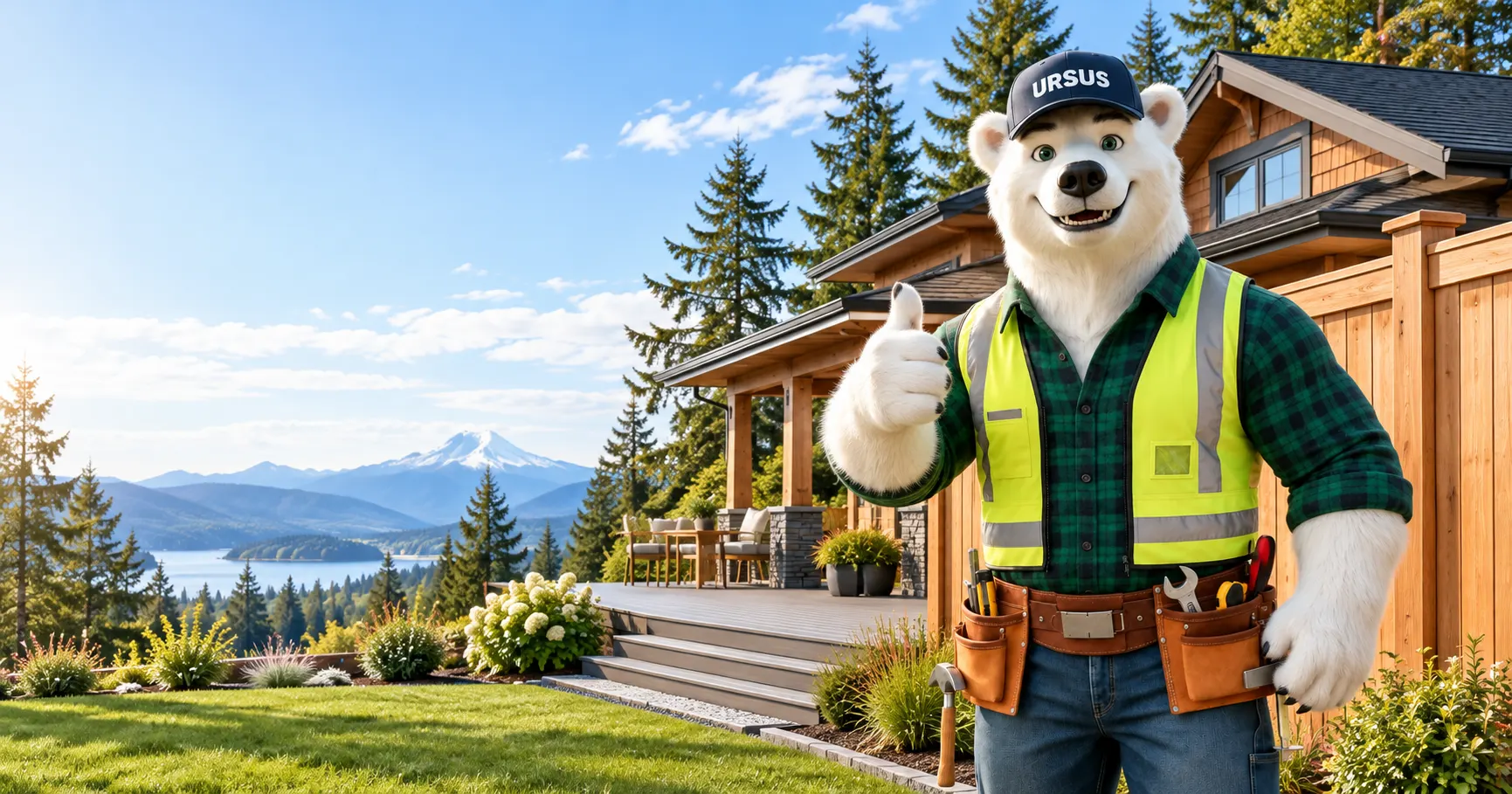 Ursus polar bear mascot giving a thumbs up in front of a Northwest home with a new deck and fence