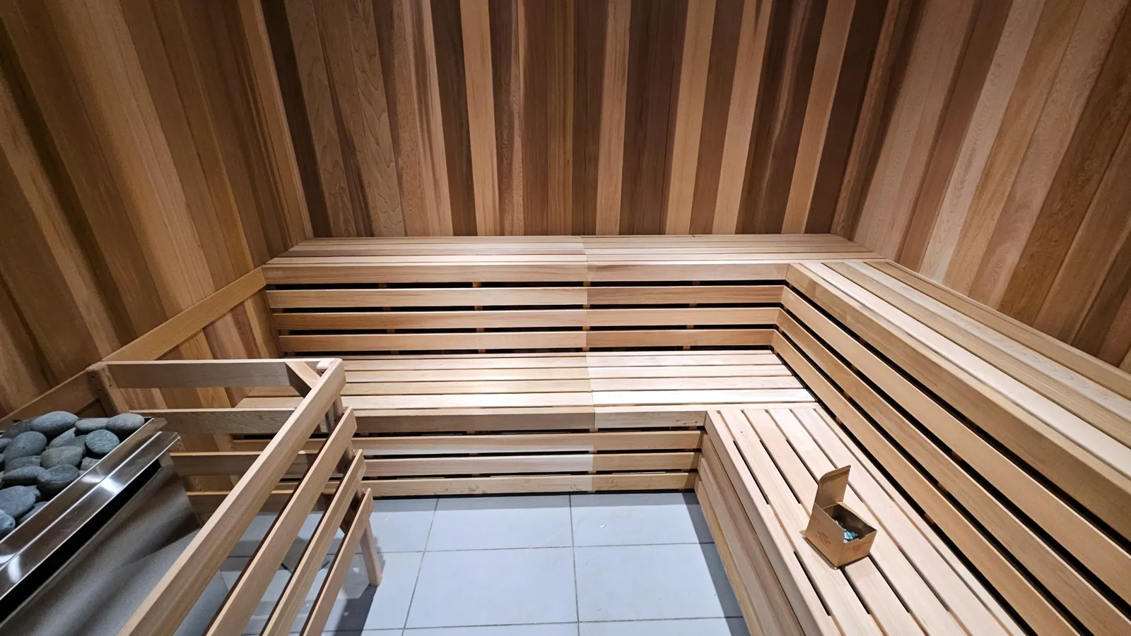 Custom cedar sauna with built-in benches